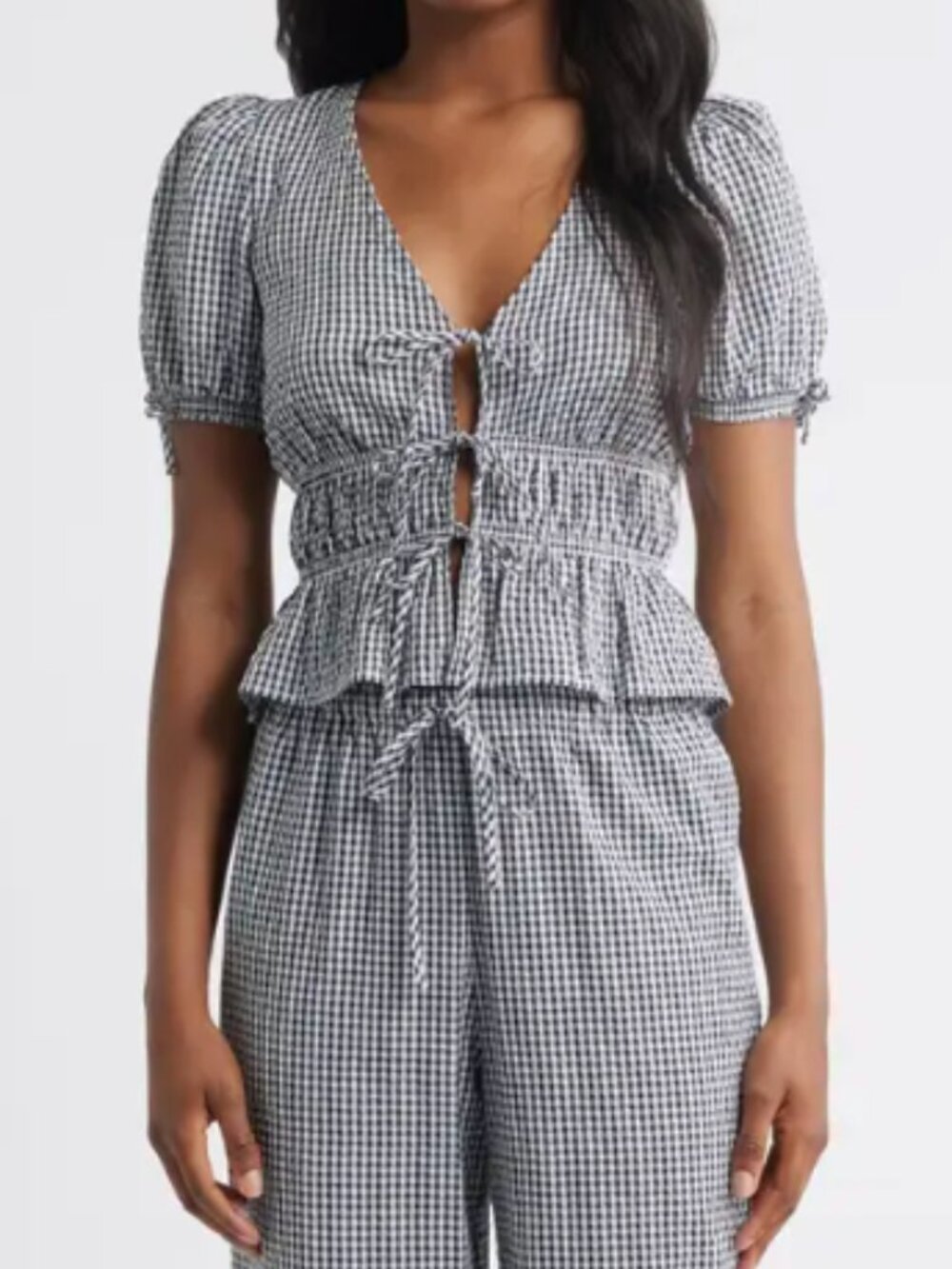 WAYF x Styled by COCO! Nina Gingham Seersucker Tie Front Top